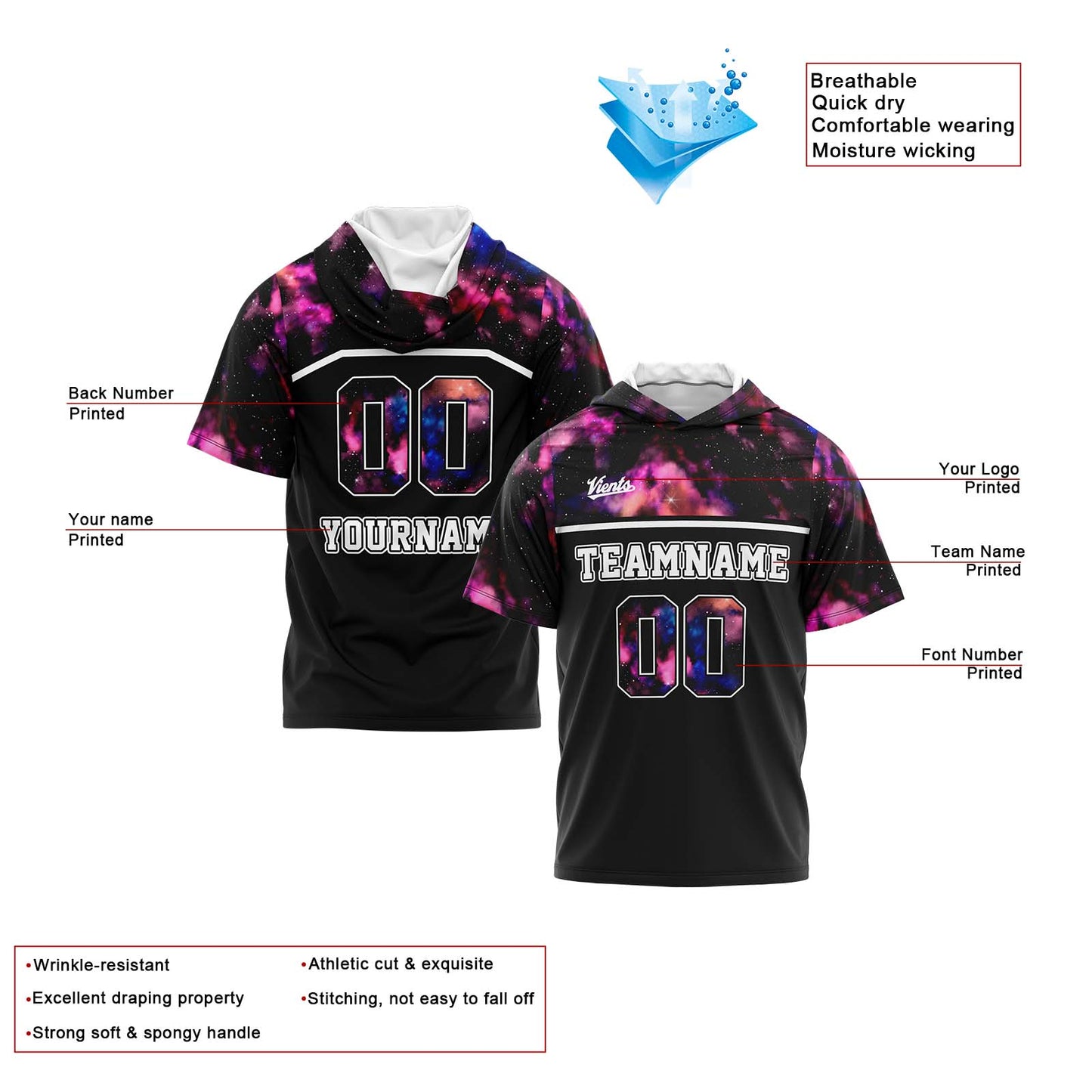 Custom Black Starry Sky Hooded T-Shirt Short Sleeve Hoodies for Men Women Shirts with Hoods Printed Name Logo