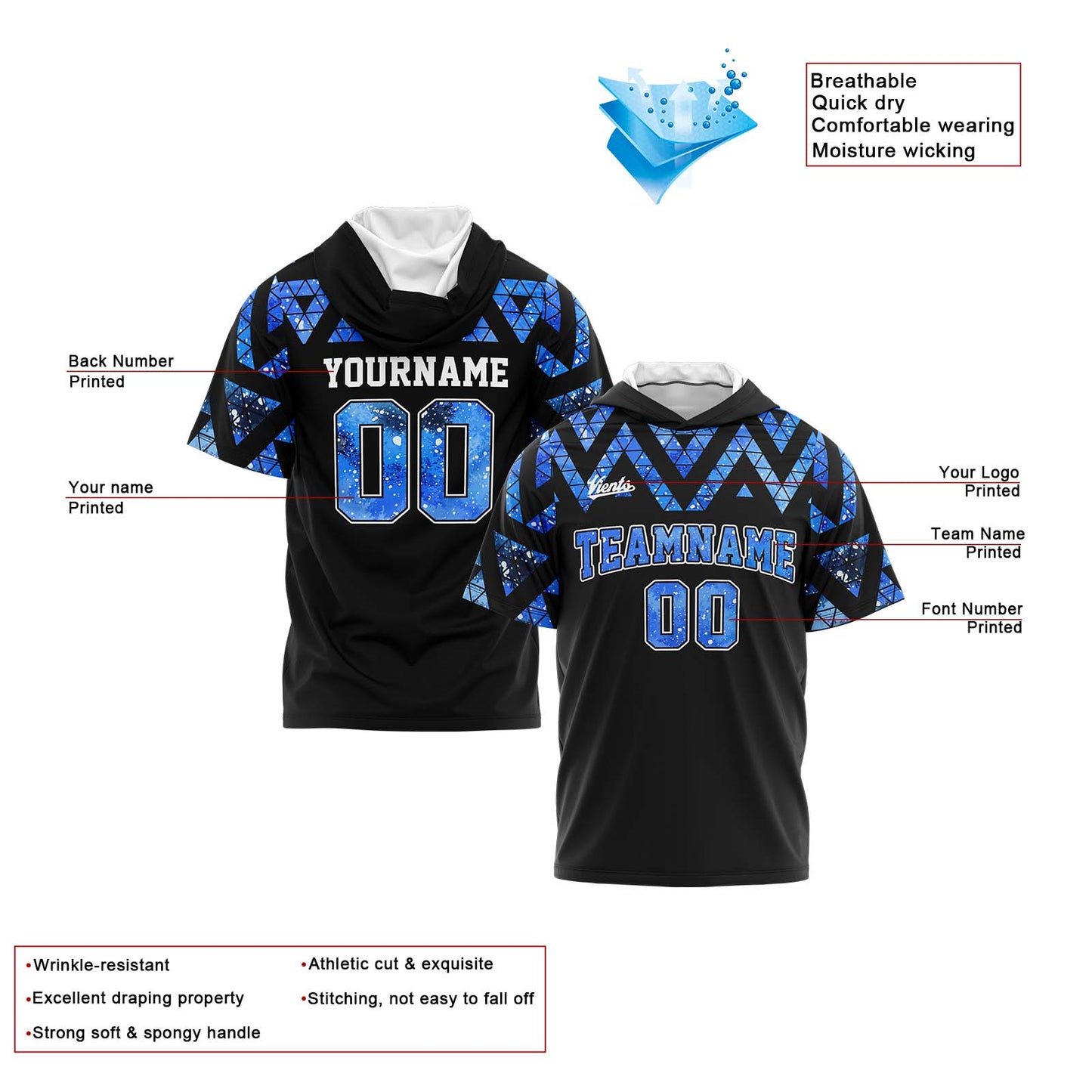 Custom Black Blue Hooded T-Shirt Short Sleeve Hoodies for Men Women Shirts with Hoods Printed Name Logo