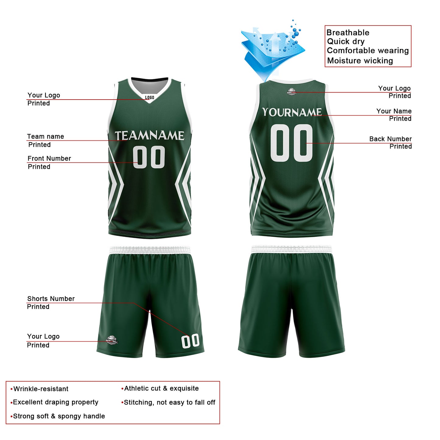 Custom Green White Reversible Basketball Jersey Uniform Suit Printed Your Logo Name Number