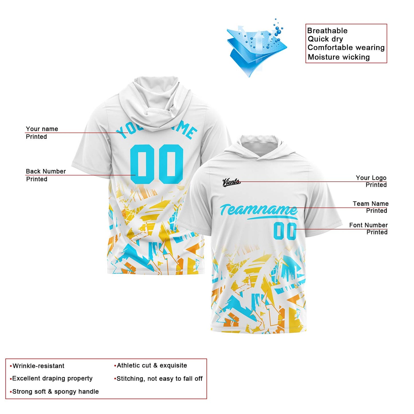 Custom White Light Blue Short Sleeve Hoodies for Men Women Shirts with Hoods Printed Name Logo