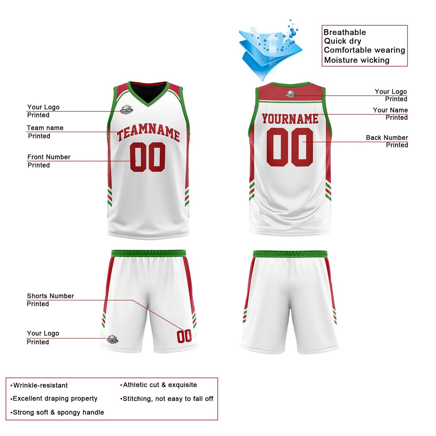 Custom Red Green Reversible Basketball Suit for Adults and Kids Personalized Jersey