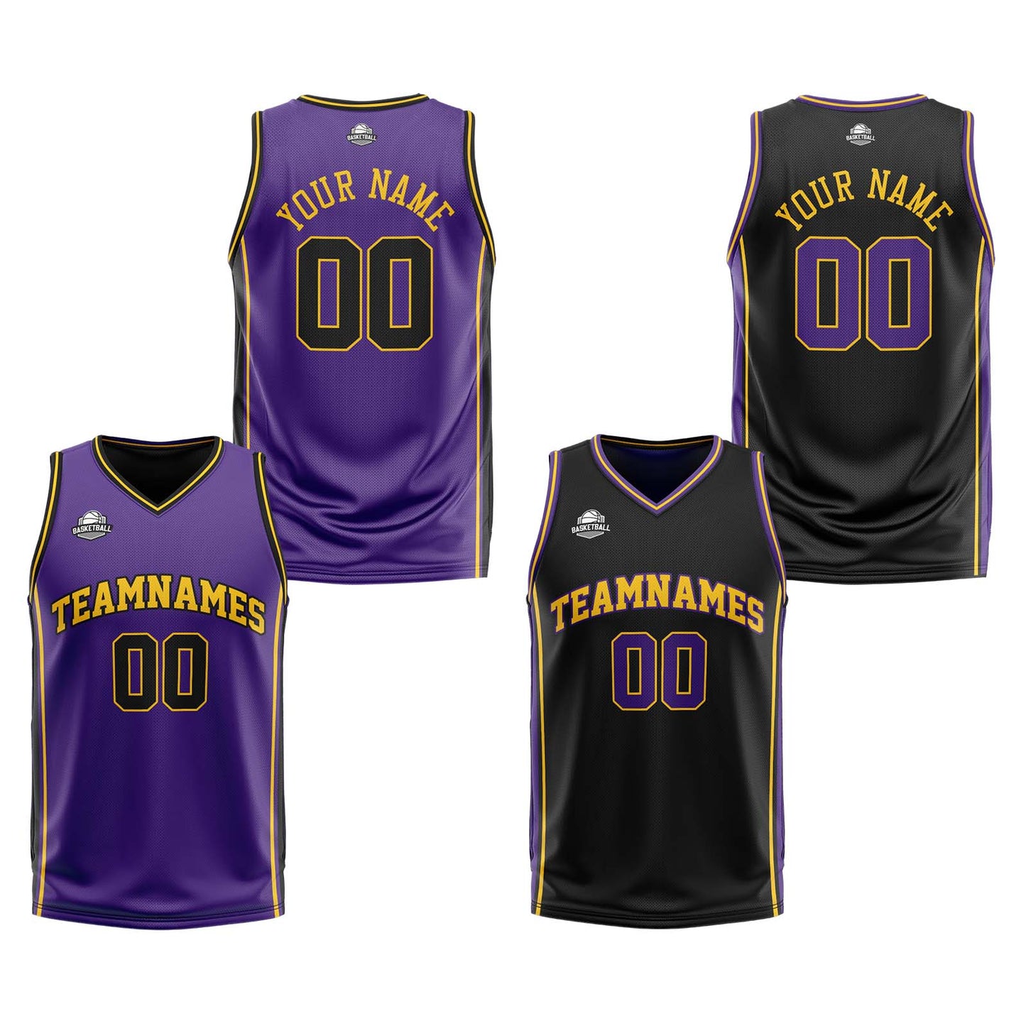 Custom Purple Black Yellow Reversible Basketball Suit for Adults and Kids Personalized Jersey