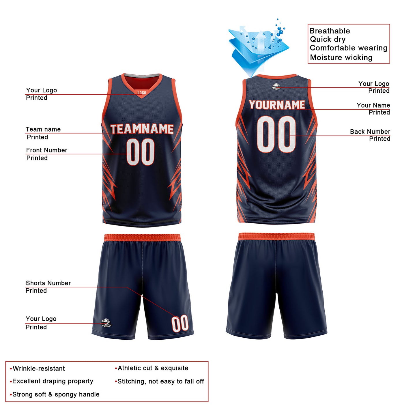 Custom Navy Orange Reversible Basketball Jersey Uniform Suit Printed Your Logo Name Number