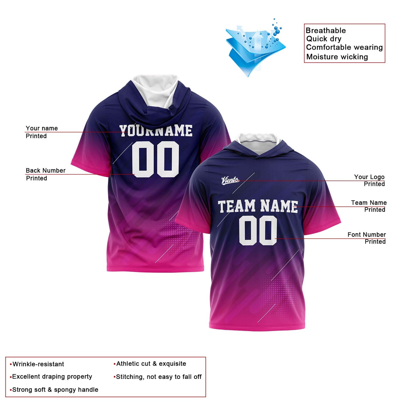 Custom Navy Pink Short Sleeve Hoodies for Men Women Shirts with Hoods Printed Name Logo