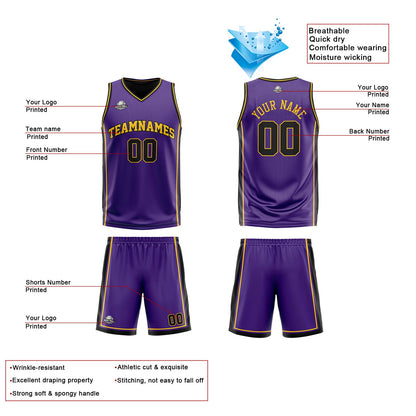 Custom Purple Black Yellow Reversible Basketball Suit for Adults and Kids Personalized Jersey