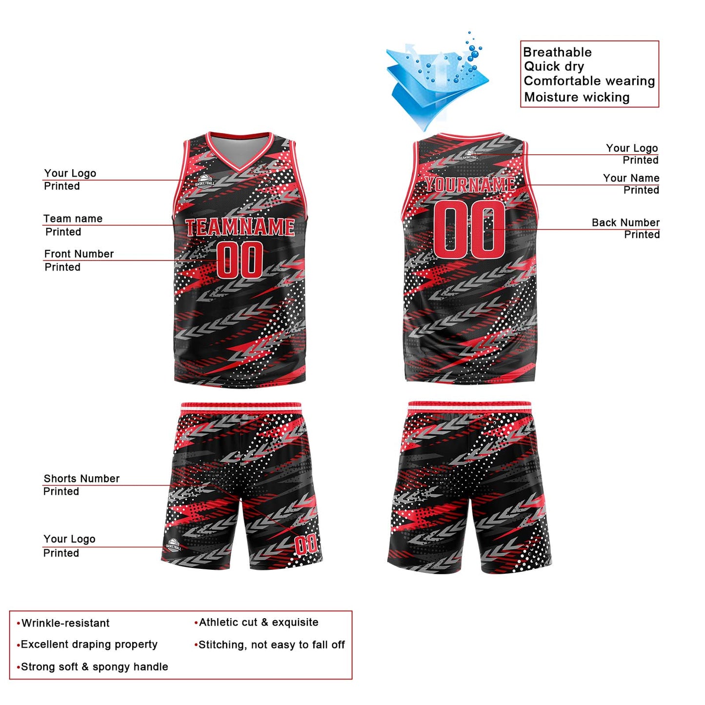 Custom Black Red Grey Reversible Basketball Suit for Adults and Kids Personalized Jersey