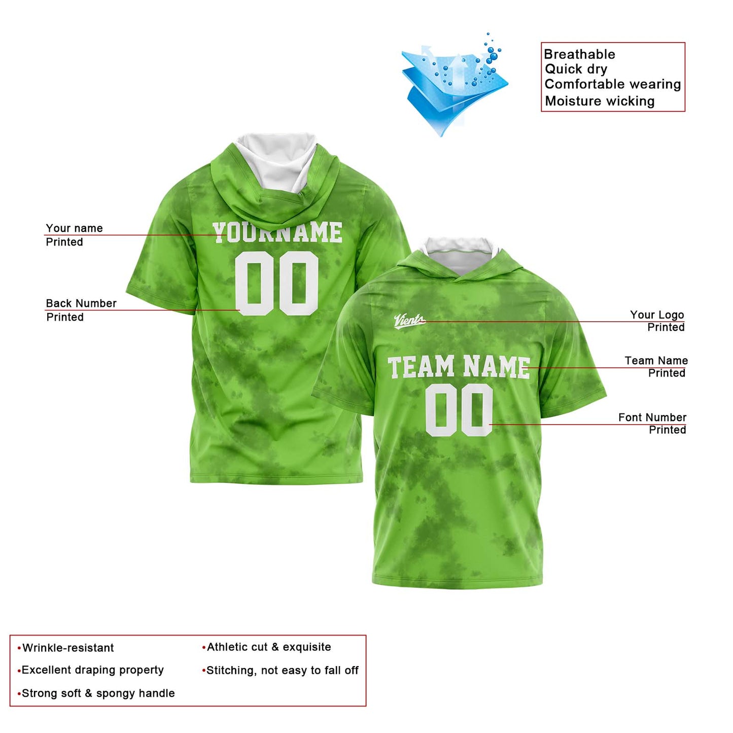 Custom Green Short Sleeve Hoodies for Men Women Shirts with Hoods Printed Name Logo