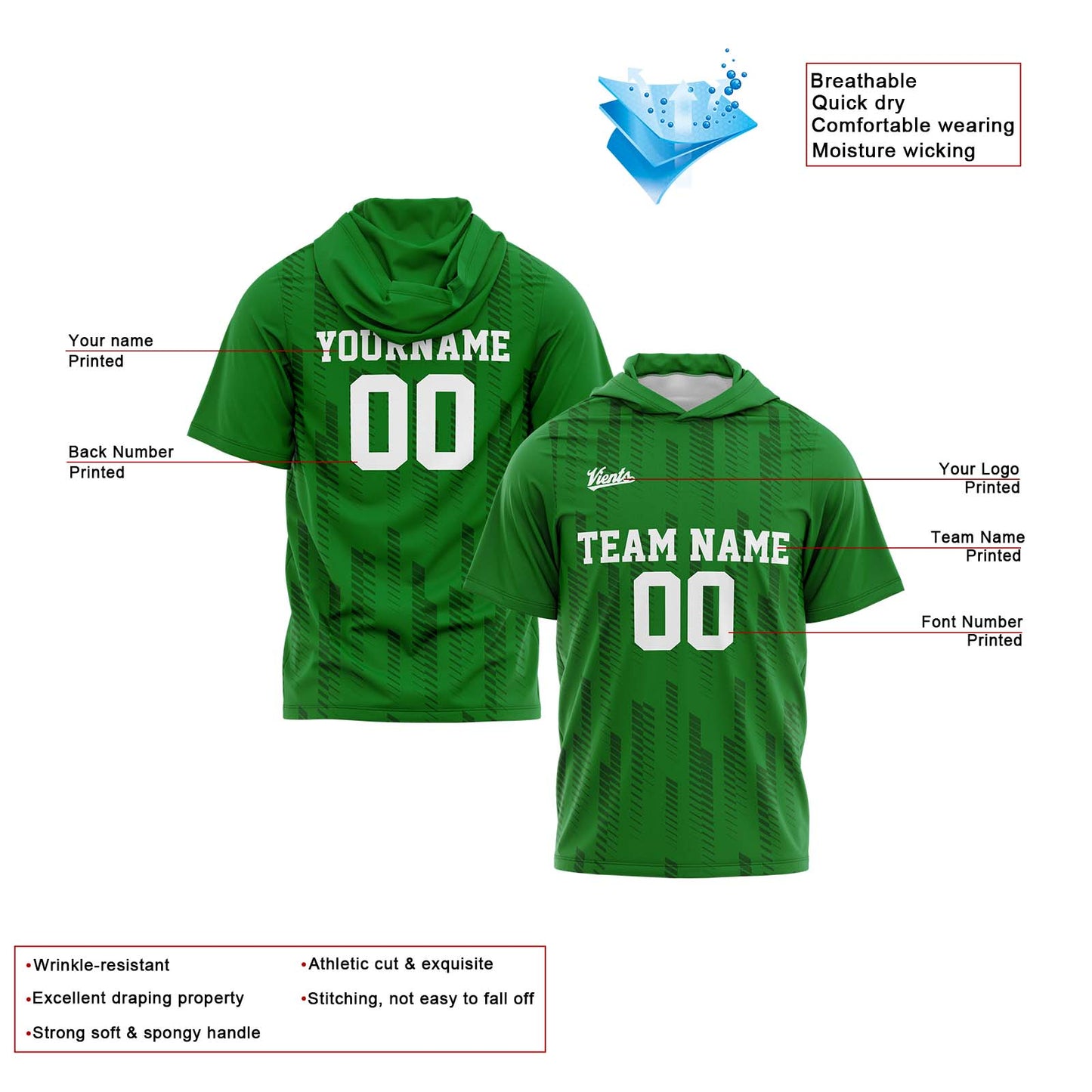 Custom Green Short Sleeve Hoodies for Men Women Shirts with Hoods Printed Name Logo