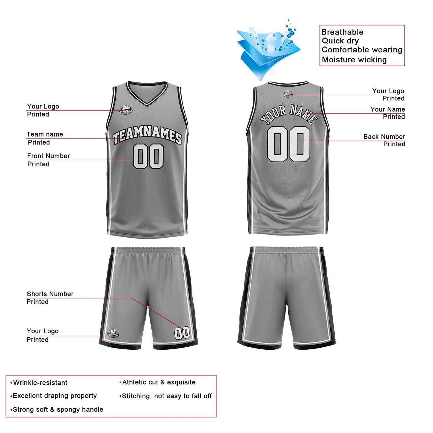 Custom Grey White Black Reversible Basketball Suit for Adults and Kids Personalized Jersey