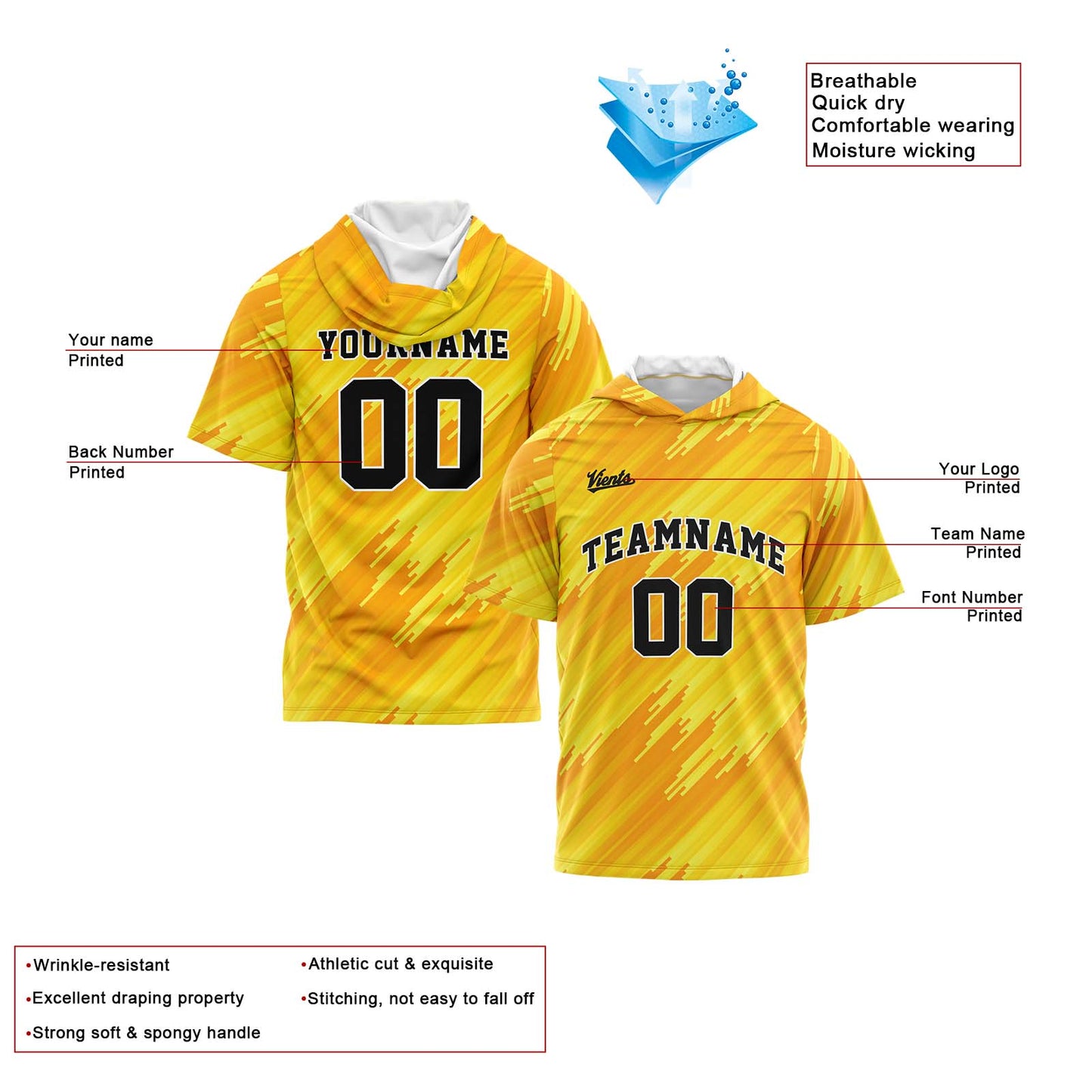 Custom Yellow Short Sleeve Hoodies for Men Women Shirts with Hoods Printed Name Logo
