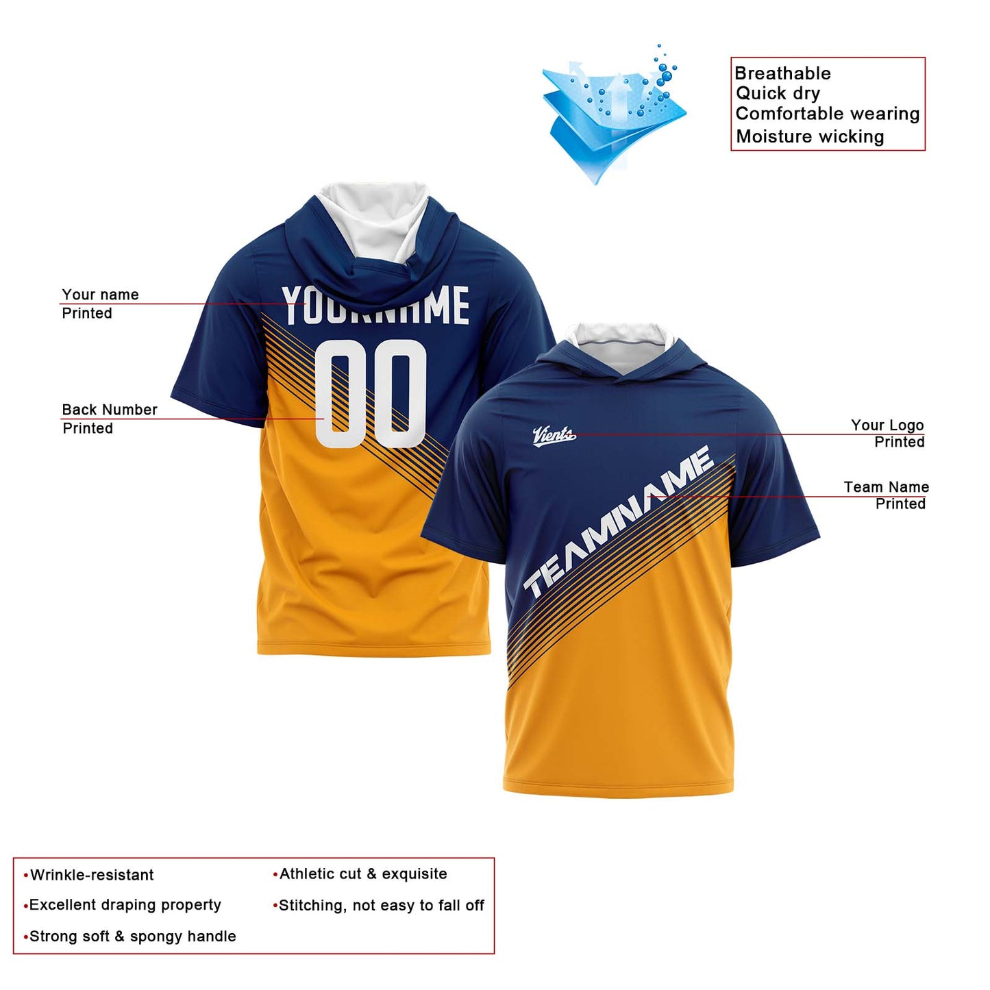 Custom Navy Orange Hooded T-Shirt Short Sleeve Hoodies for Men Women Shirts with Hoods Printed Name Logo