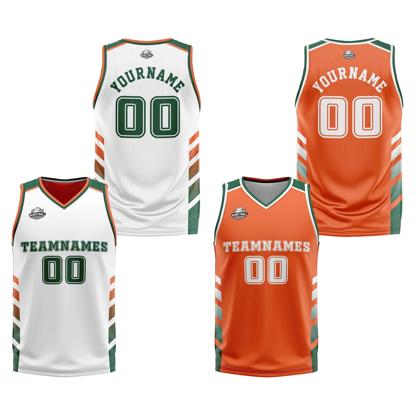 Custom White Orange Green Reversible Basketball Suit for Adults and Kids Personalized Jersey