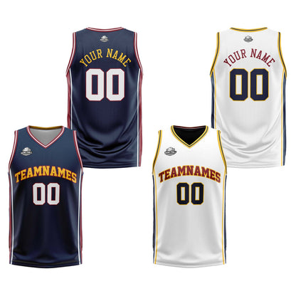 Custom Navy White Yellow Reversible Basketball Suit for Adults and Kids Personalized Jersey