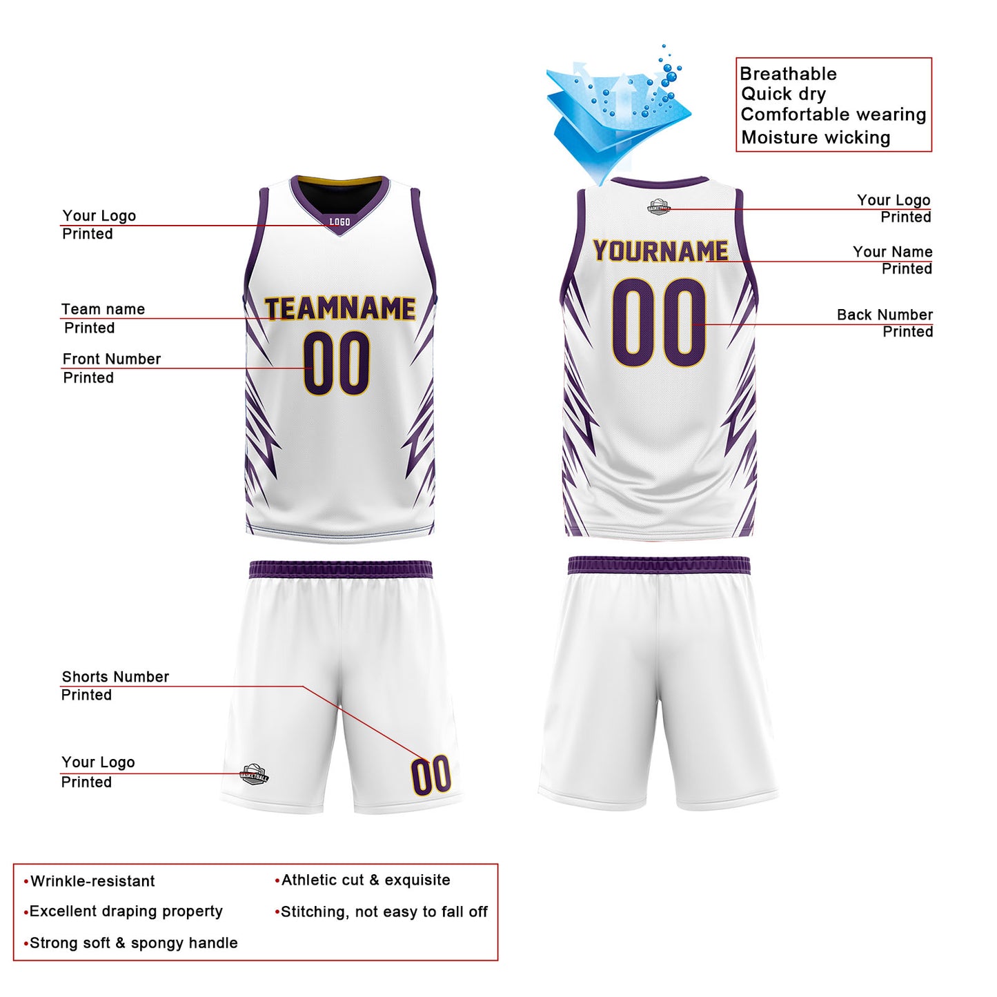 Custom White Purple Reversible Basketball Jersey Uniform Suit Printed Your Logo Name Number