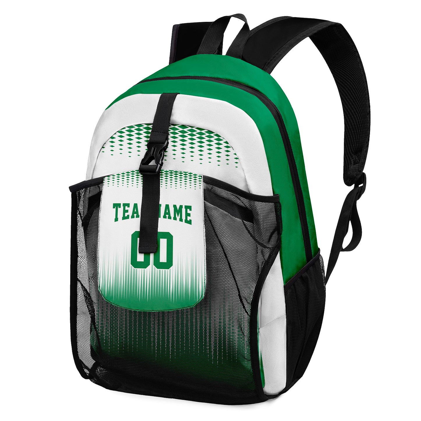 Customize White Green Sports Backpacks Featuring Personalized Names, Numbers and Logos