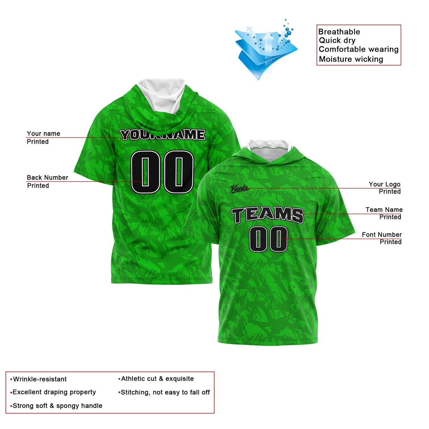 Custom Green Short Sleeve Hoodies for Men Women Shirts with Hoods Printed Name Logo
