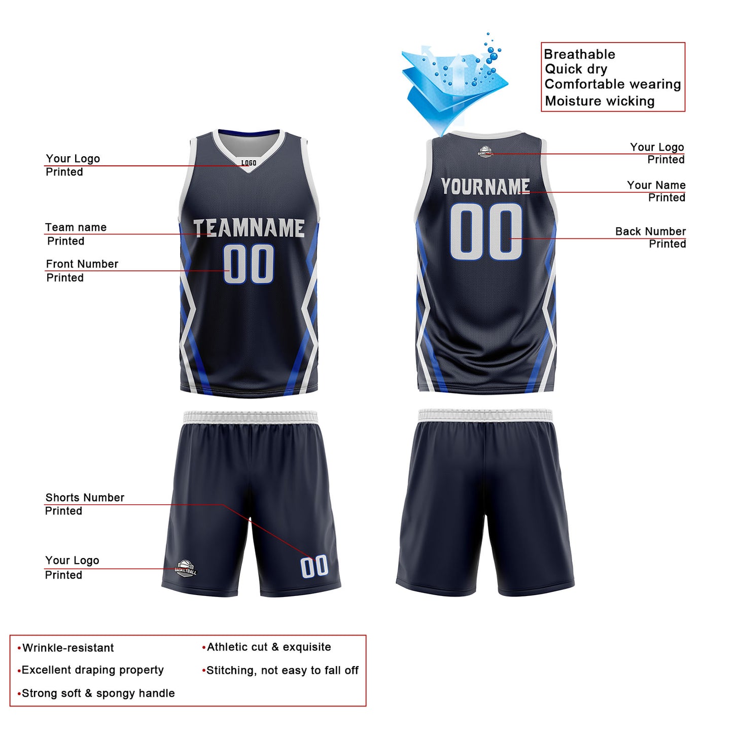 Custom Navy White Reversible Basketball Jersey Uniform Suit Printed Your Logo Name Number