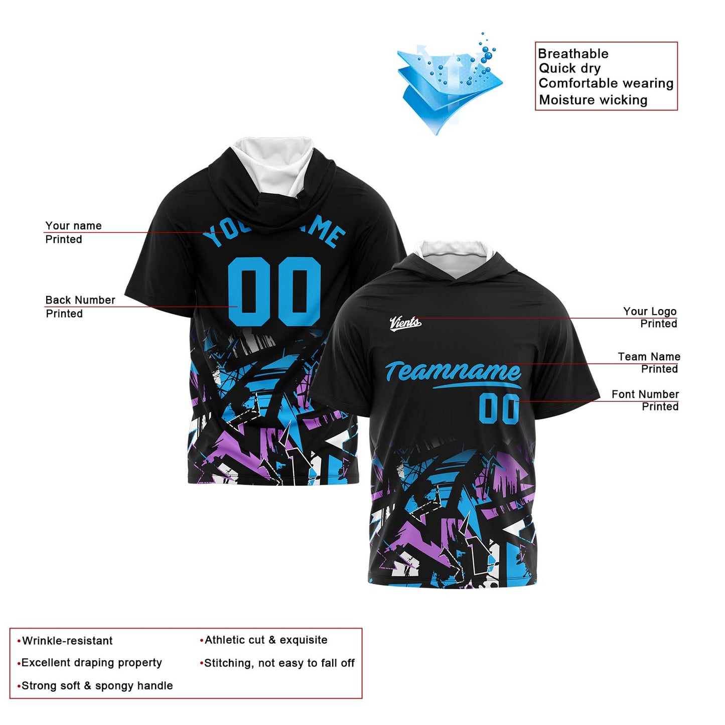 Custom Black Light Blue Hooded T-Shirt Short Sleeve Hoodies for Men Women Shirts with Hoods Printed Name Logo