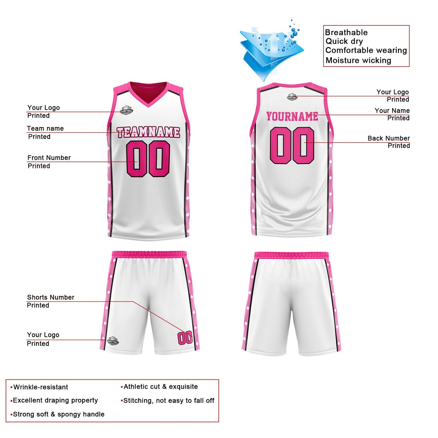 Custom White Pink Reversible Basketball Suit for Adults and Kids Personalized Jersey
