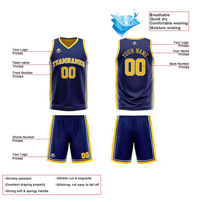 Custom Navy Yellow Reversible Basketball Suit for Adults and Kids Personalized Jersey