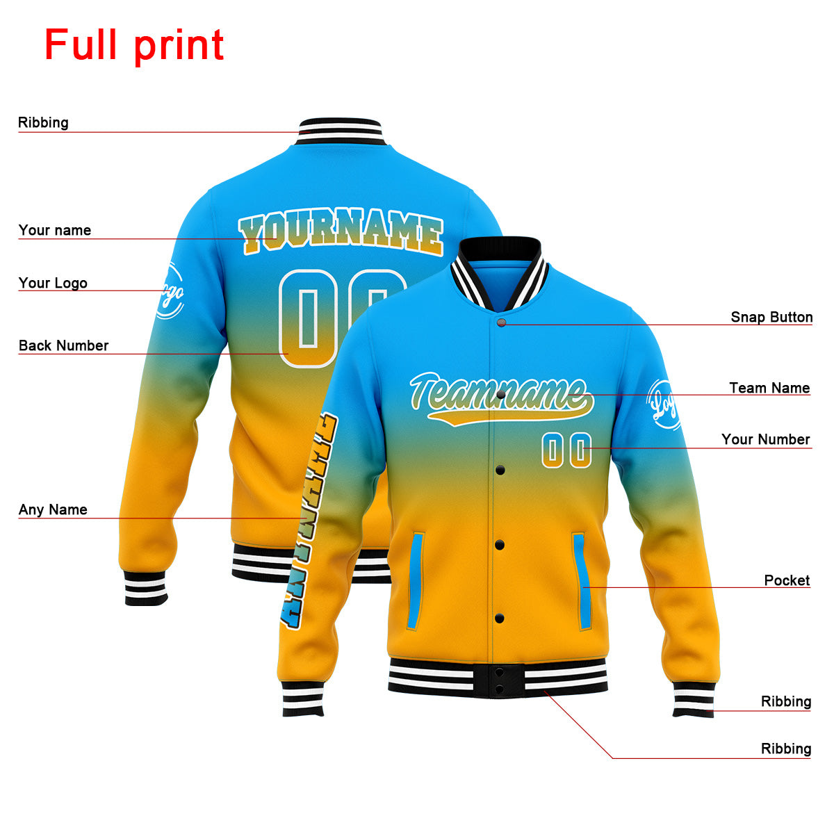 Custom Gradient Varsity Jacket Letterman jacket for Men, Women and Youth Light Blue Orange