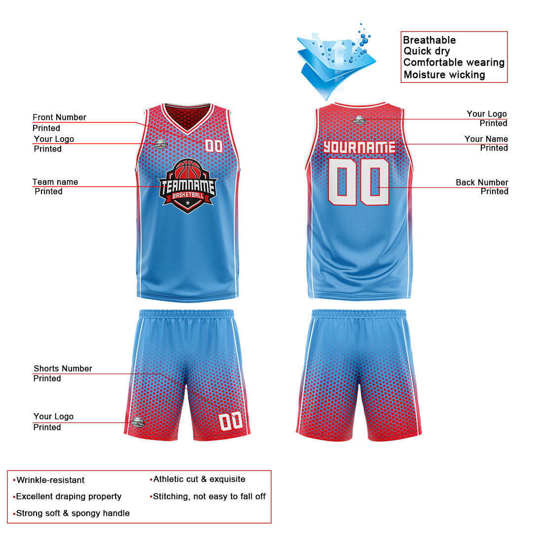 Custom Blue Navy Red Reversible Basketball Suit for Adults and Kids Personalized Jersey