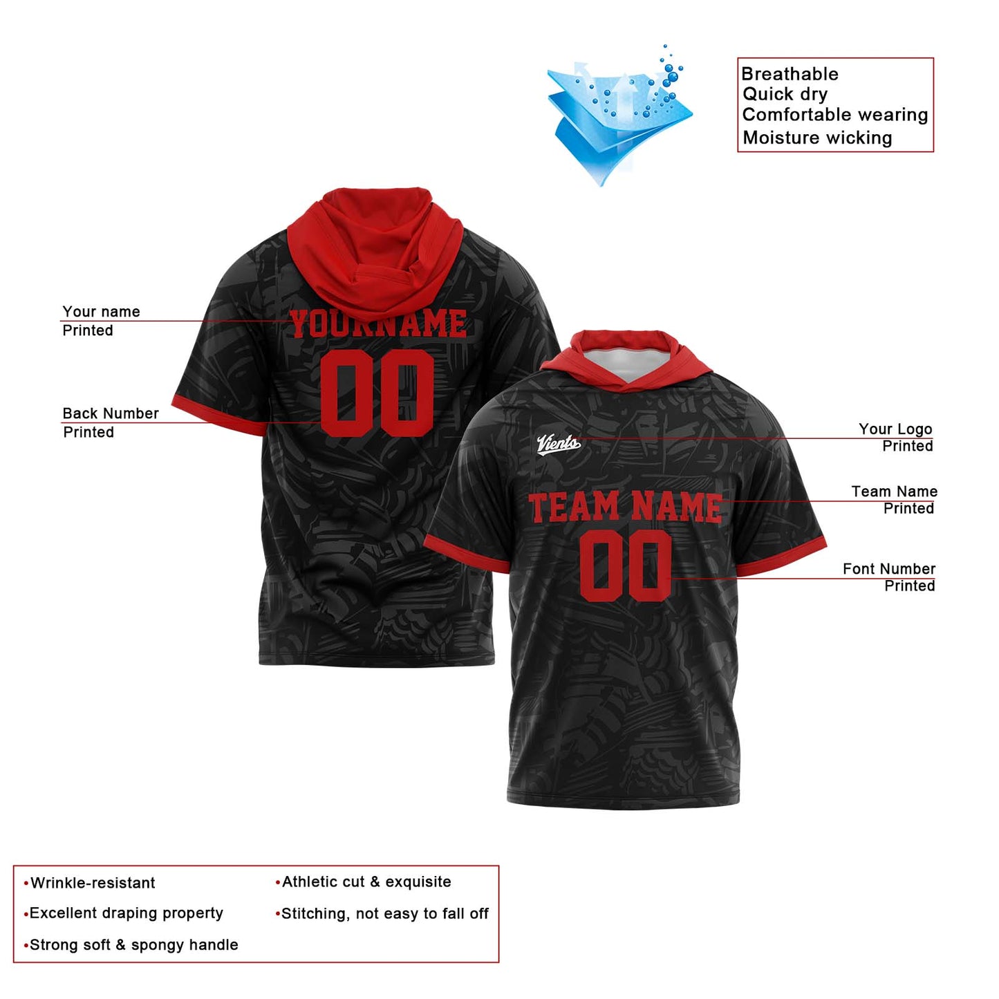 Custom Black Red Short Sleeve Hoodies for Men Women Shirts with Hoods Printed Name Logo