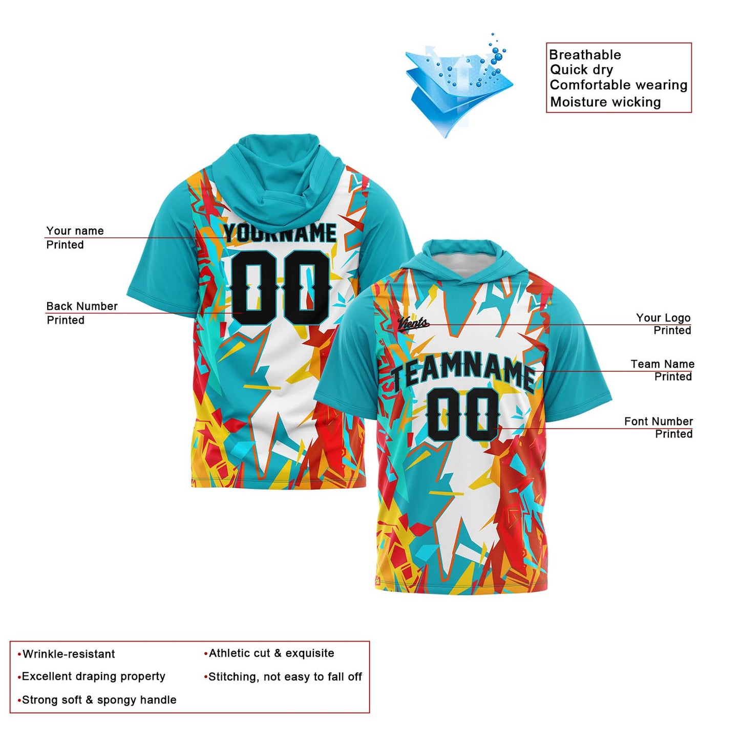 Custom Aqua Short Sleeve Hoodies for Men Women Shirts with Hoods Printed Name Logo