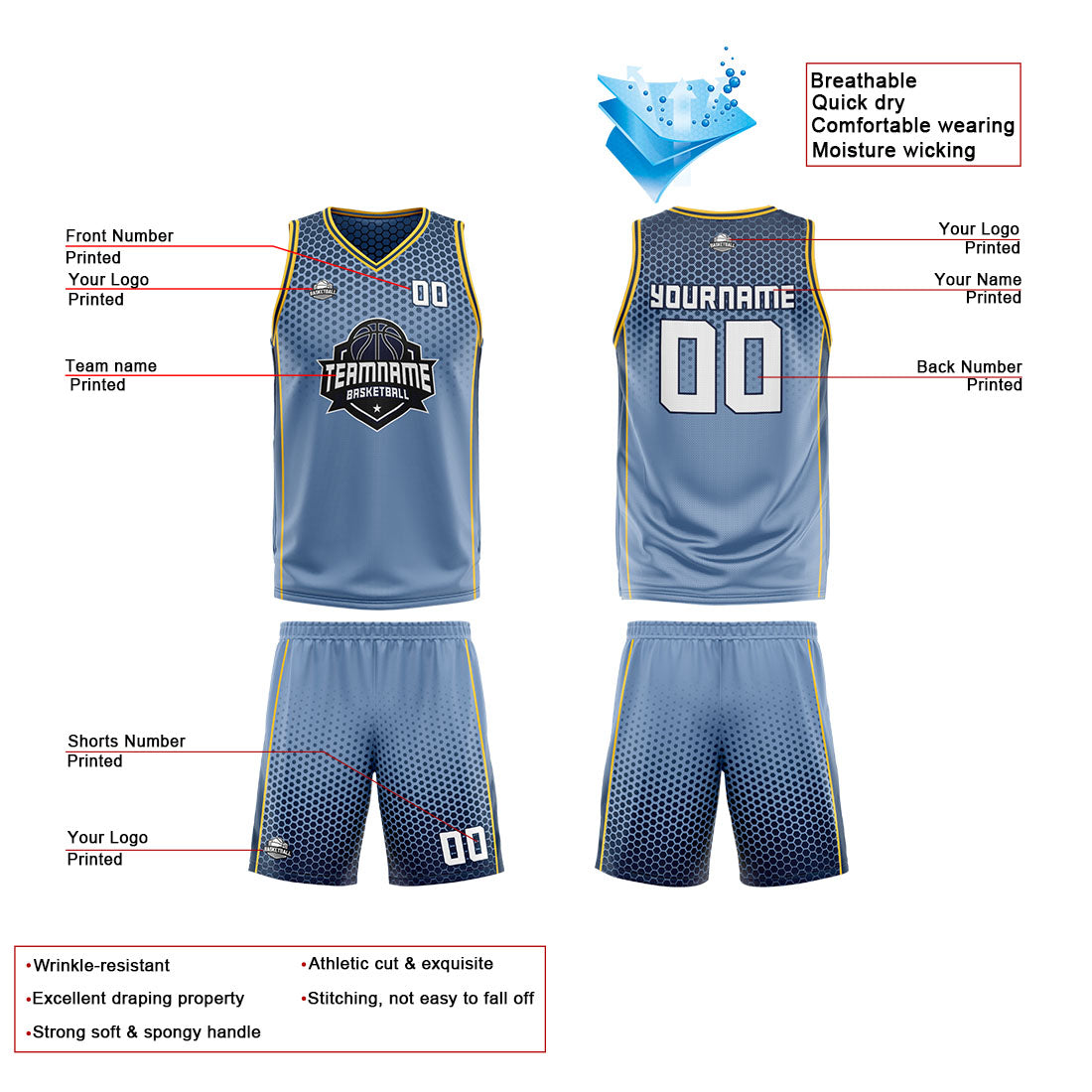 Custom Dusty Blue Navy Yellow Reversible Basketball Suit for Adults and Kids Personalized Jersey