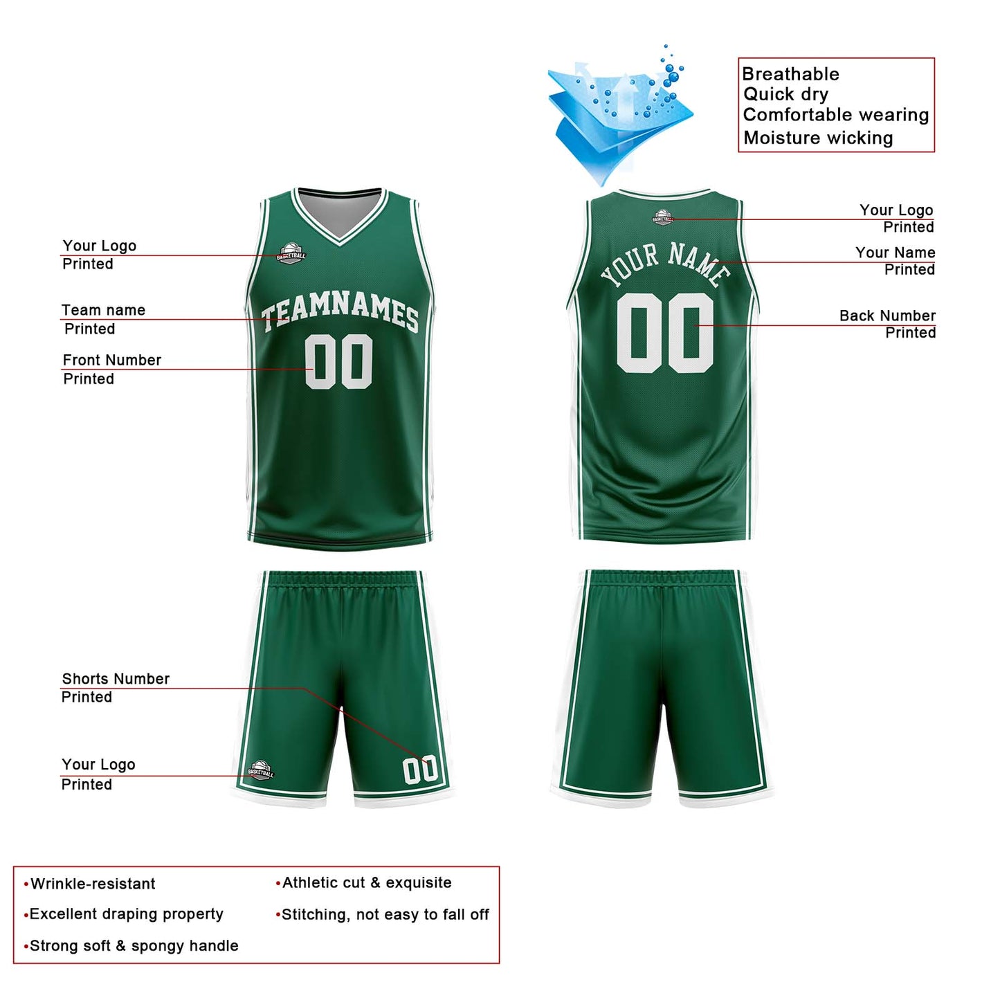 Custom Green White Reversible Basketball Suit for Adults and Kids Personalized Jersey