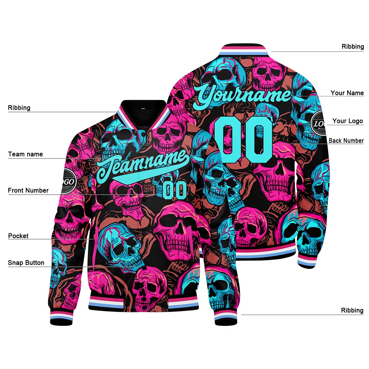 Custom Colored skeletons& Powder blue Varsity Jacket for Men Women and Youth with Personalized Letterman Jacket