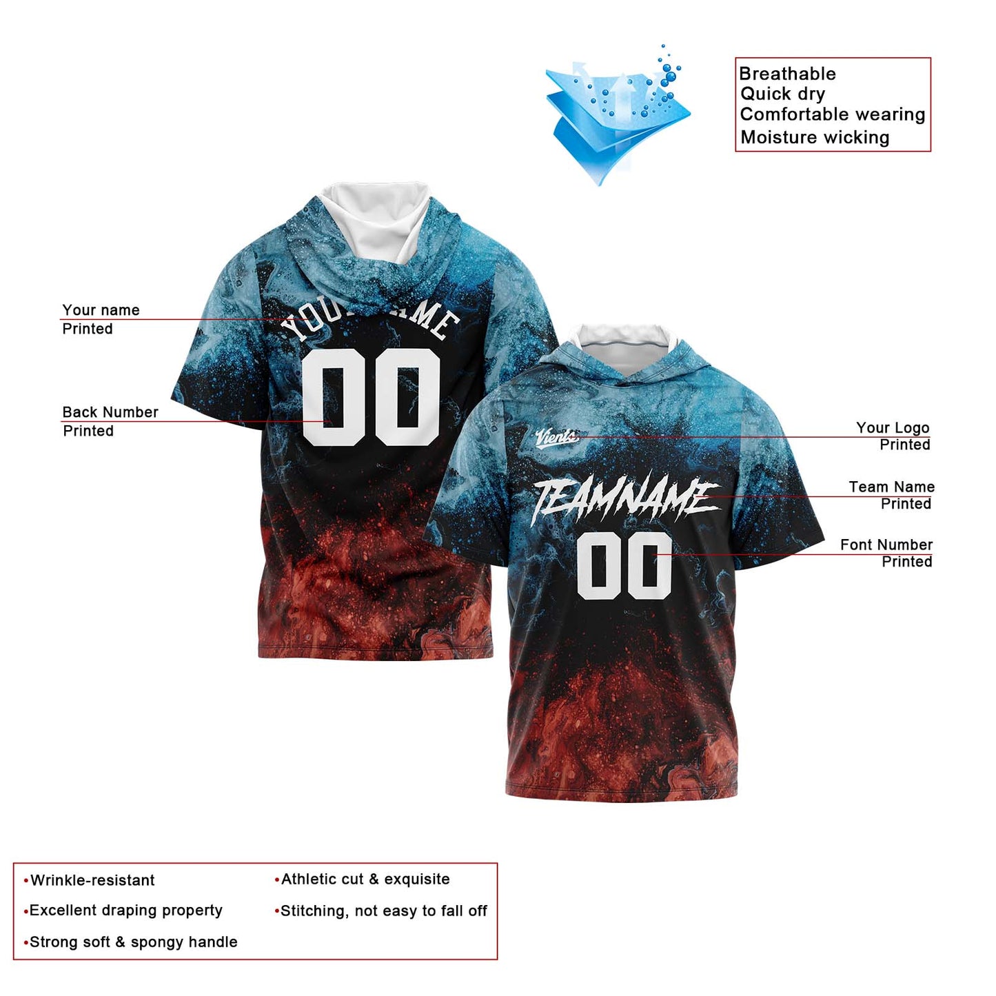 Custom Water and Fire Short Sleeve Hoodies for Men Women Shirts with Hoods Printed Name Logo