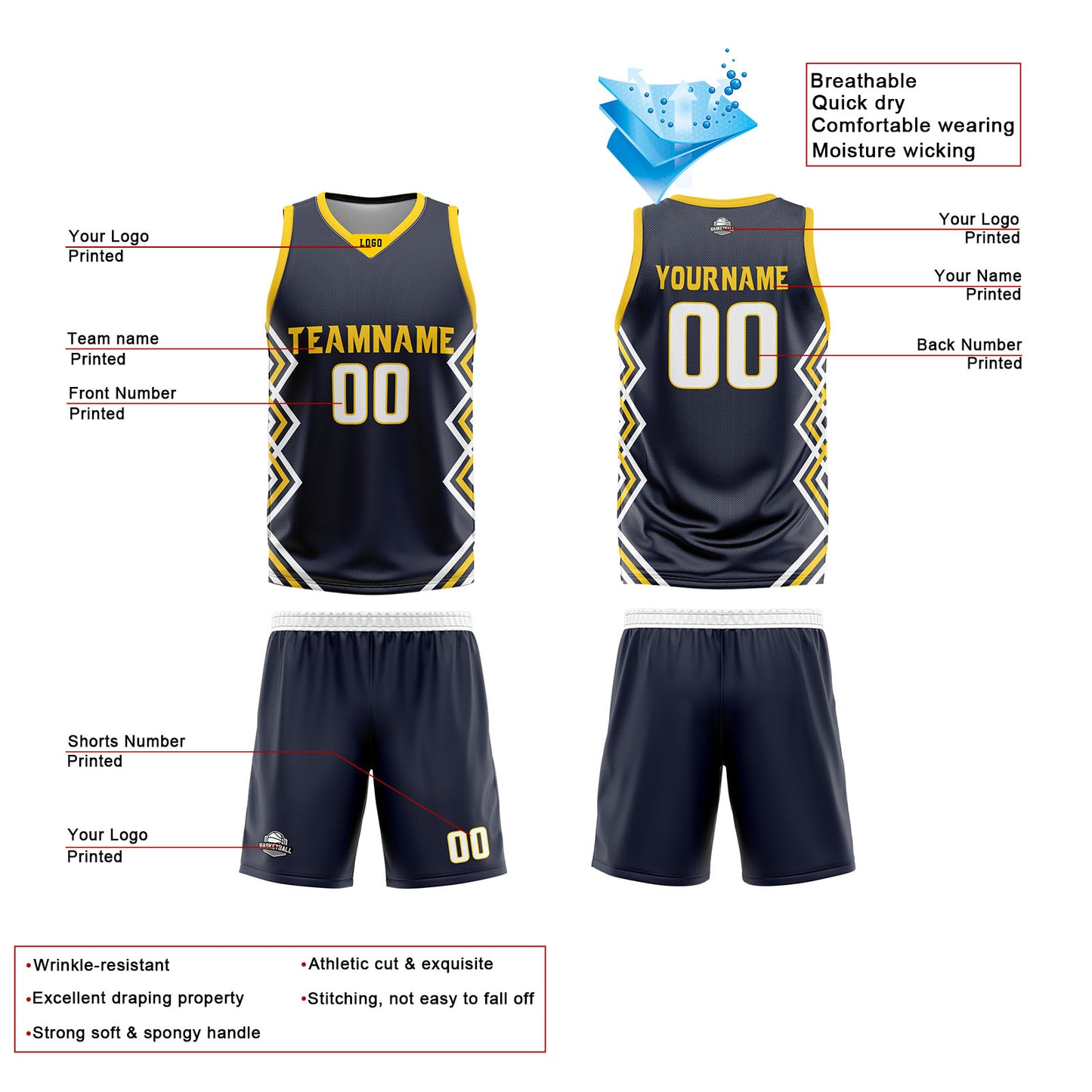 Custom Navy Blue White Reversible Basketball Jersey Uniform Suit Printed Your Logo Name Number
