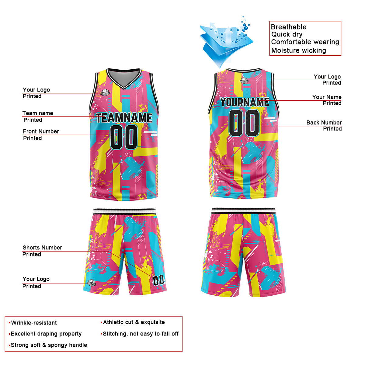 Custom Pink Yellow Reversible Basketball Suit for Adults and Kids Personalized Jersey