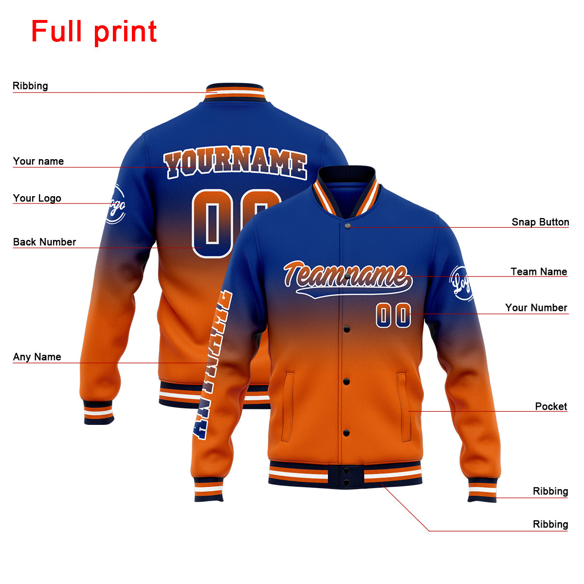 Custom Gradient Varsity Jacket Letterman jacket for Men, Women and Youth Royal Orange