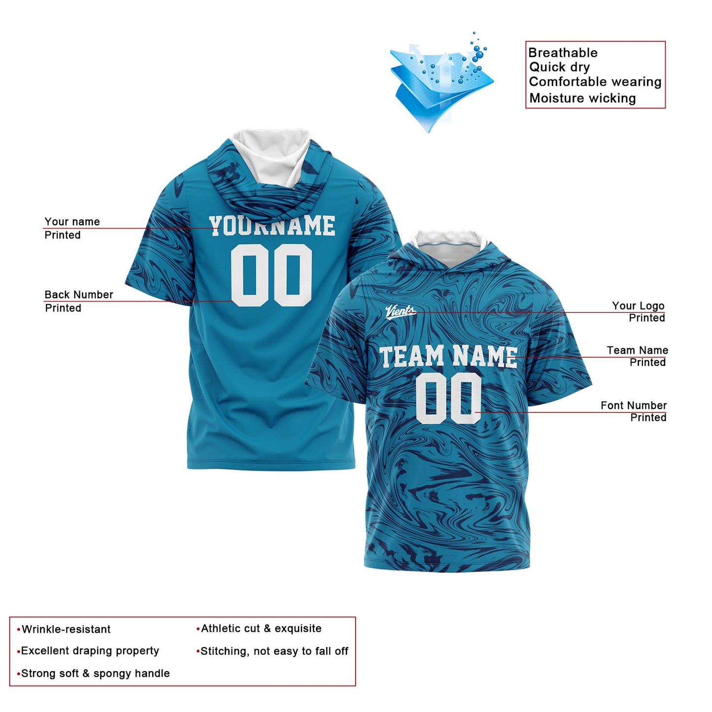 Custom Aqua Navy Short Sleeve Hoodies for Men Women Shirts with Hoods Printed Name Logo