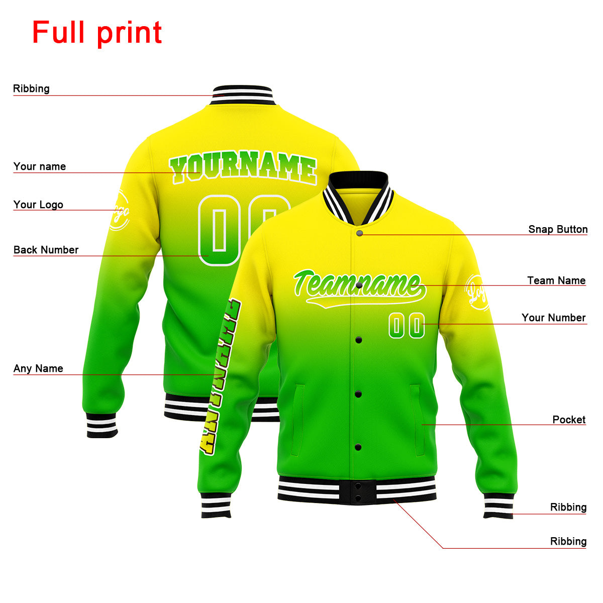 Custom Gradient Varsity Jacket Letterman jacket for Men, Women and Youth Yellow Green