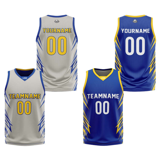 Custom Light Gray Royal Blue Reversible Basketball Jersey Uniform Suit Printed Your Logo Name Number
