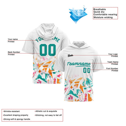Custom White Teal Short Sleeve Hoodies for Men Women Shirts with Hoods Printed Name Logo