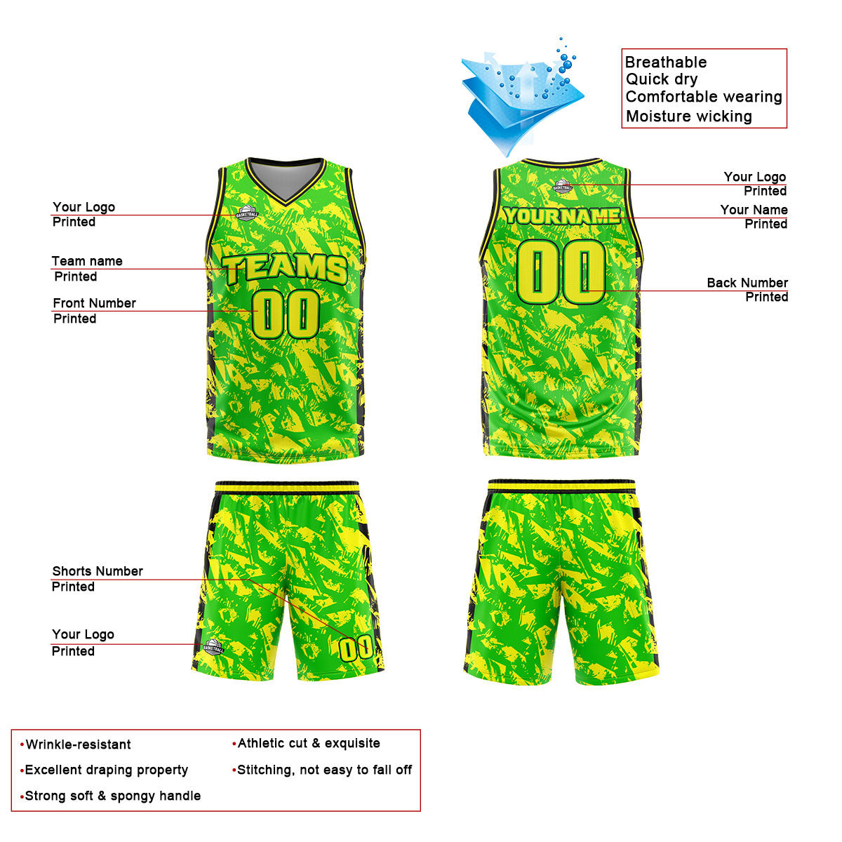 Custom Green Yellow Reversible Basketball Suit for Adults and Kids Personalized Jersey