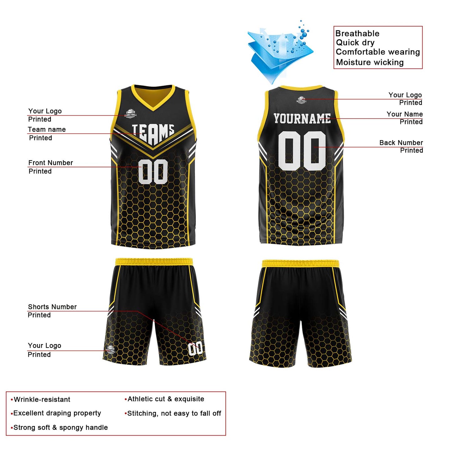 Custom Black Yellow Reversible Basketball Suit for Adults and Kids Personalized Jersey