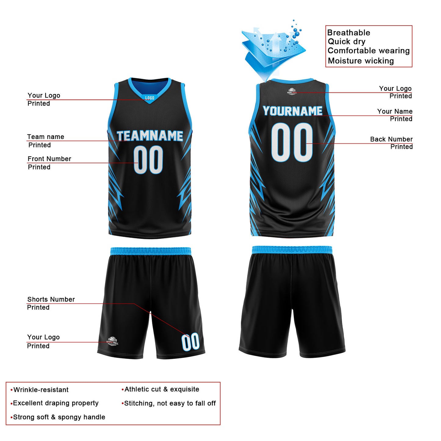 Custom Black Sky Blue Reversible Basketball Jersey Uniform Suit Printed Your Logo Name Number