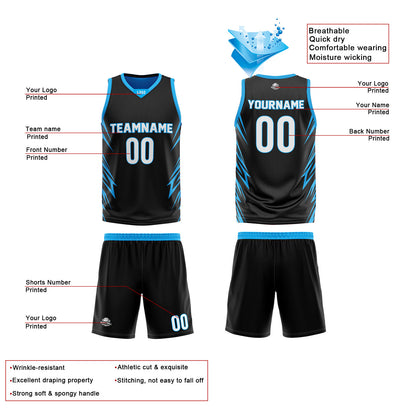Custom Black Sky Blue Reversible Basketball Jersey Uniform Suit Printed Your Logo Name Number