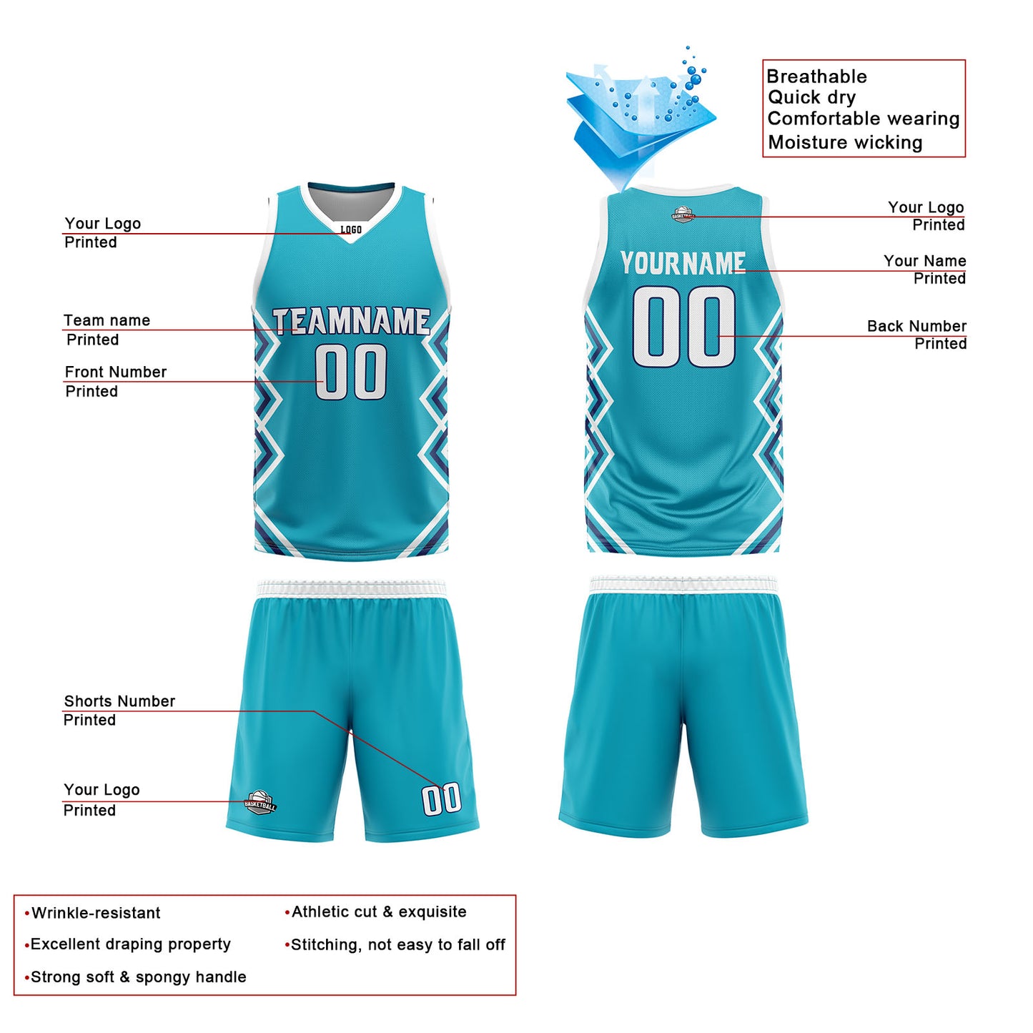 Custom Turquoise White Reversible Basketball Jersey Uniform Suit Printed Your Logo Name Number