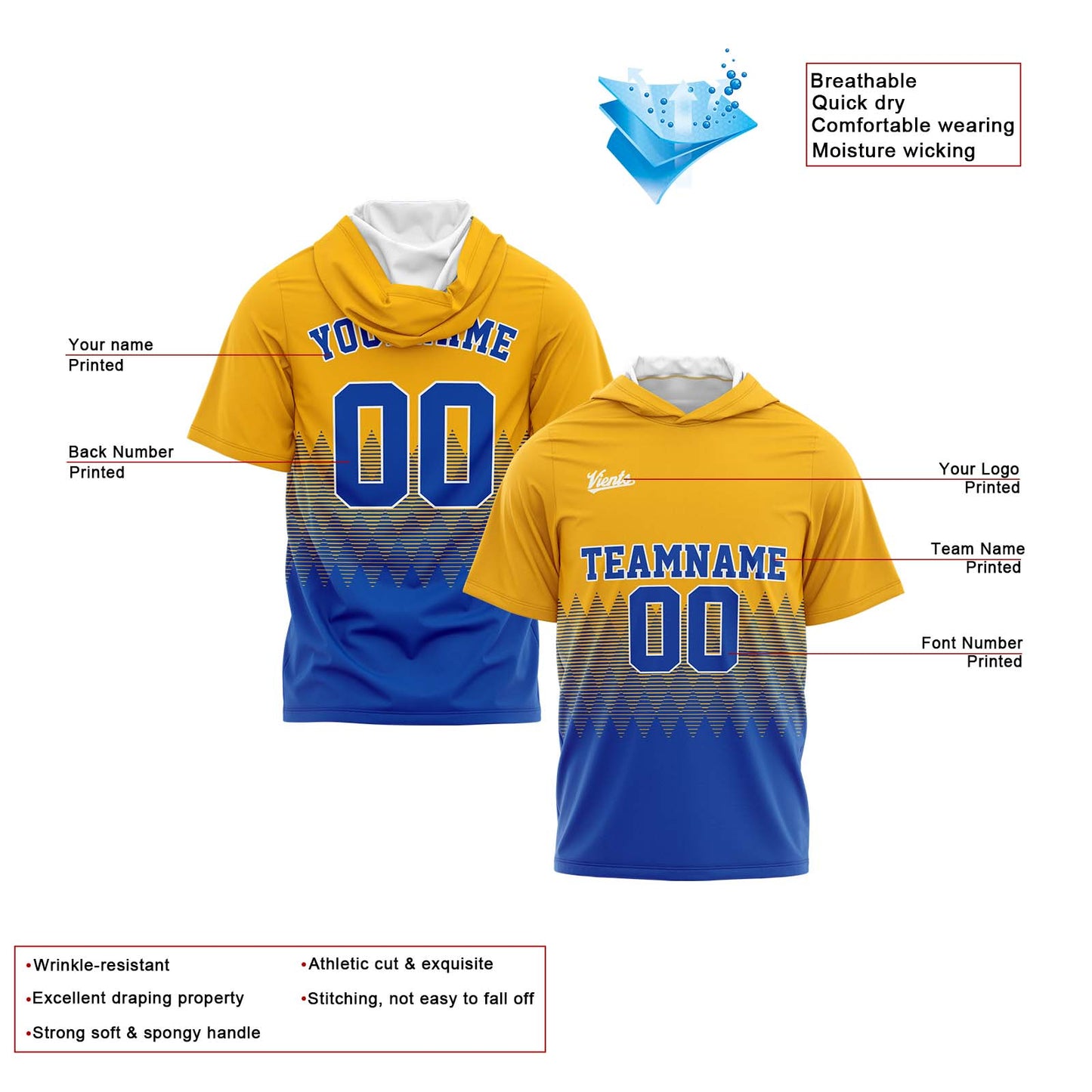 Custom Yellow Blue Short Sleeve Hoodies for Men Women Shirts with Hoods Printed Name Logo