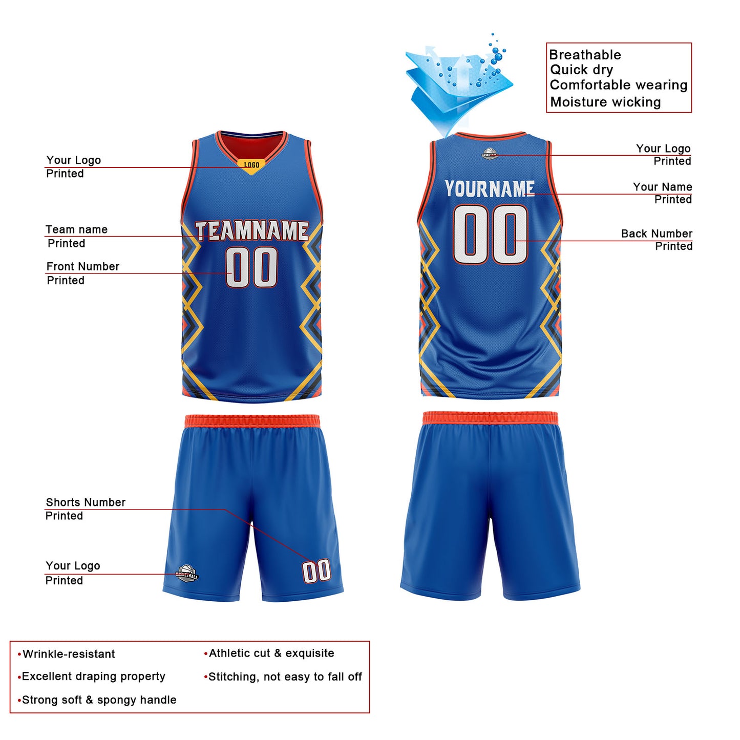 Custom Royal Orange Reversible Basketball Jersey Uniform Suit Printed Your Logo Name Number