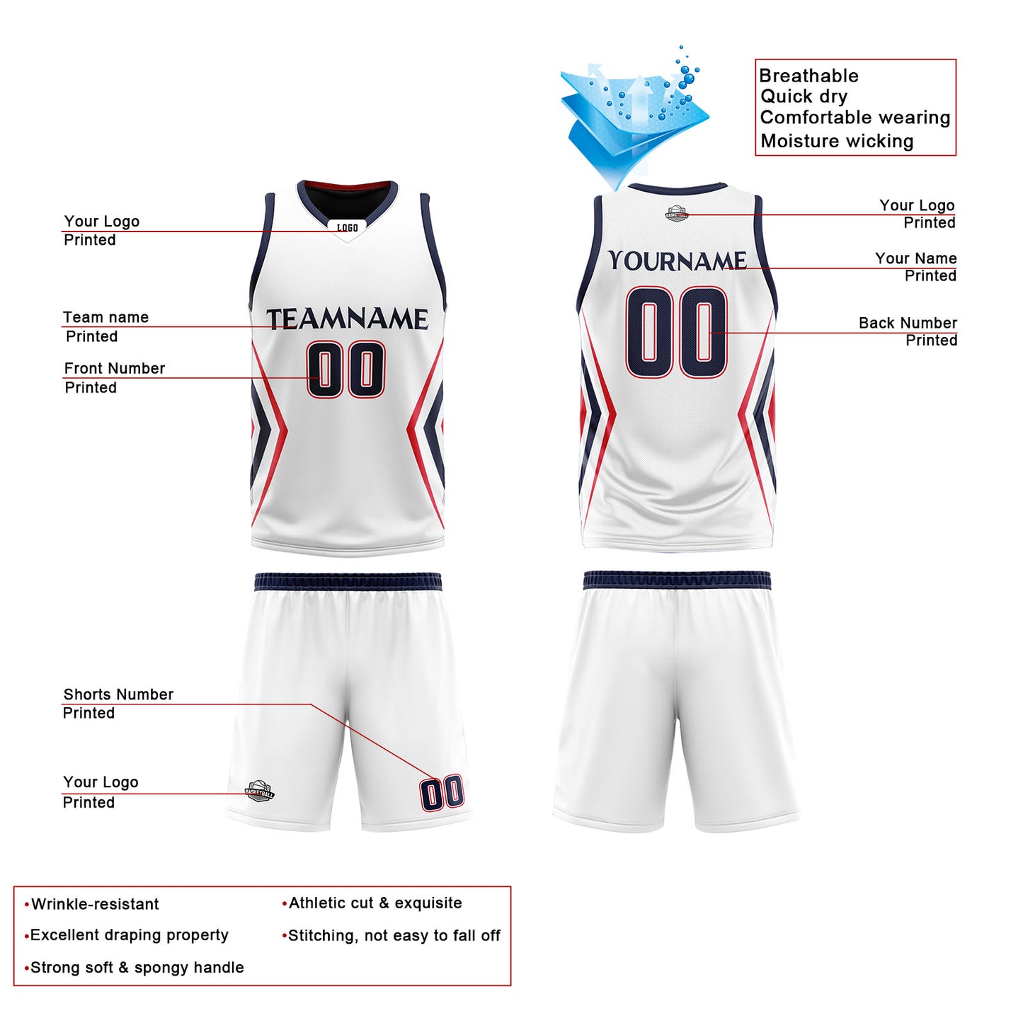 Custom White Navy Blue Reversible Basketball Jersey Uniform Suit Printed Your Logo Name Number