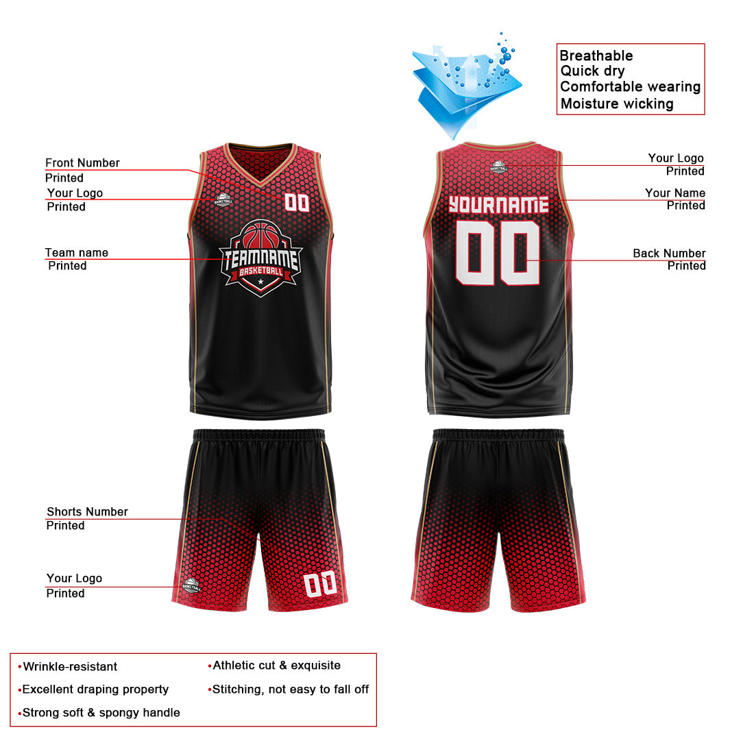 Custom Black Red Gold Reversible Basketball Suit for Adults and Kids Personalized Jersey