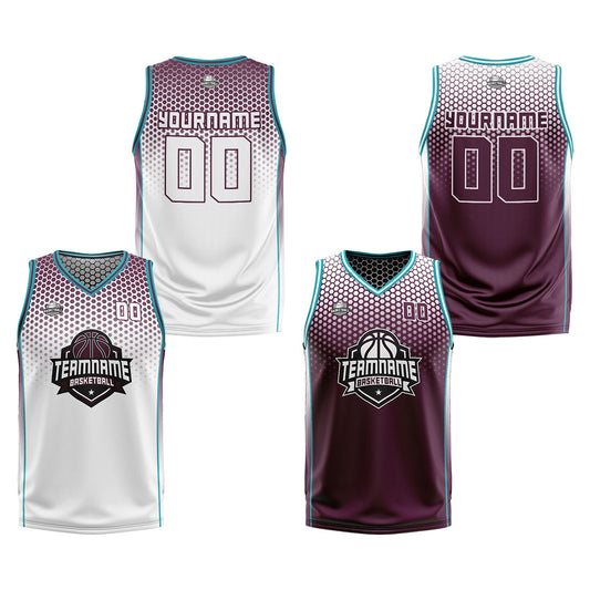 Custom White Red Cyan Reversible Basketball Suit for Adults and Kids Personalized Jersey