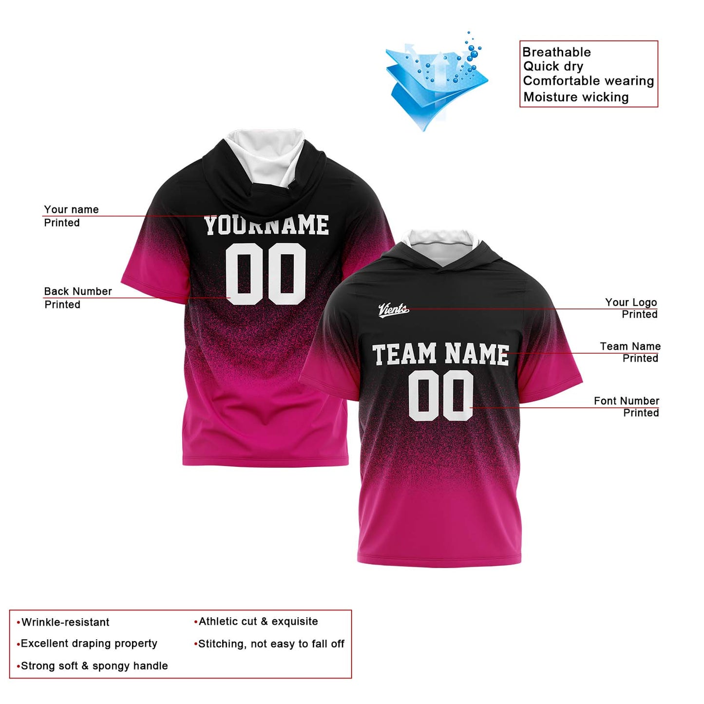 Custom Black Pink Short Sleeve Hoodies for Men Women Shirts with Hoods Printed Name Logo